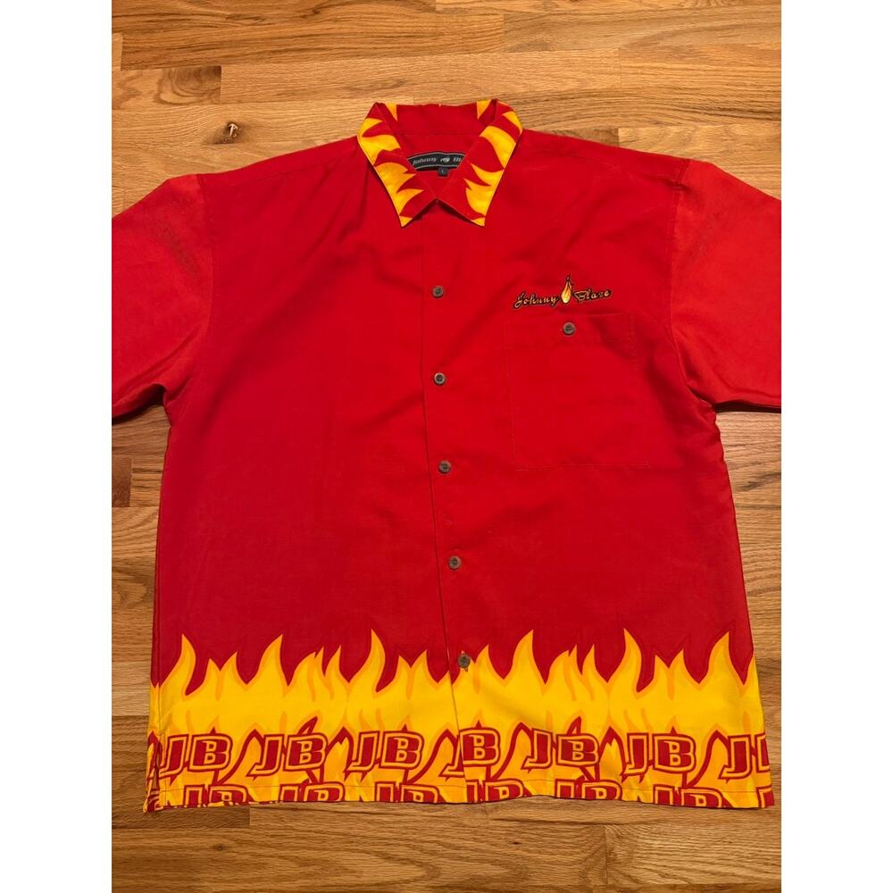 VTG Johnny Blaze Y2K Fire AOP Button-Up Shirt Mens Size Large Red Short Sleeve - Picture 3 of 11